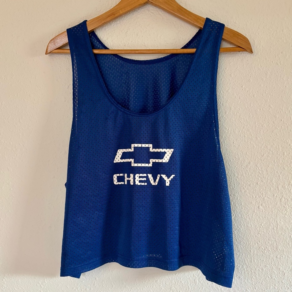 Vintage Chevy Jersey Tank Cropped L/XL Unisex Blue Mesh Sleeve Chevrolet Truck